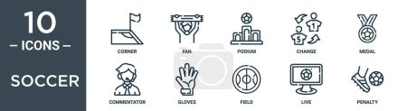 Fußball Outline Icon Set enthält dünne Linie Ecke, Fan, Podium, Änderung, Medaille, Kommentator, Handschuh-Symbole für Bericht, Präsentation, Diagramm, Webdesign