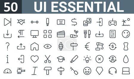 set of 50 outline web ui essential icons such as forward, handshake, dumbbell, highlight, , dollar, vector thin icons for report, presentation, diagram, web design, mobile