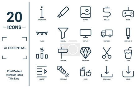 ui essential linear icon set. includes thin line informant, flags, , indent, inbox, display, juice icons for report, presentation, diagram, web design