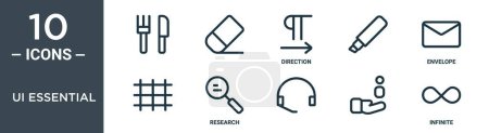 ui ensemble d'icônes de contour essentiel comprend ligne mince, direction, enveloppe, icônes de recherche pour rapport, présentation, diagramme, web