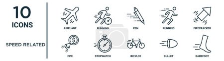 speed related outline icon set such as thin line airplane, pen, firecracker, stopwatch, bullet, barefoot, ppc icons for report, presentation, diagram, web design