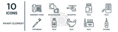 phary element outline icon set such as thin line emergency phone, helicopter, pills, pills, pills, eye drop, toothbrush icons for report, presentation, diagram, web design