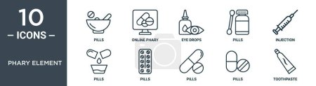 phary element outline icon set includes thin line pills, online phary, eye drops, pills, injection, pills, icons for report, presentation, diagram, web design