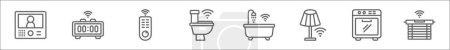 Téléchargez les illustrations : Aperçu ensemble d'icônes de ligne smarthome. icônes vectorielles linéaires telles que interphone, horloge, télécommande, toilettes, douche, lampe, cuisinière, fenêtre - en licence libre de droit