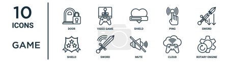 game outline icon set such as thin line door, shield, sword, sword, cloud, rotary engine, shield icons for report, presentation, diagram, web design