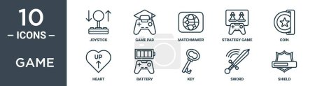 game outline icon set includes thin line joystick, game pad, matchmaker, strategy game, coin, heart, battery icons for report, presentation, diagram, web design