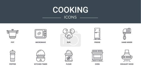 set of 10 outline web cooking icons such as pot, microwave, egg, fridge, hand mixer, pepper, kitchen timer vector icons for report, presentation, diagram, web design, mobile app