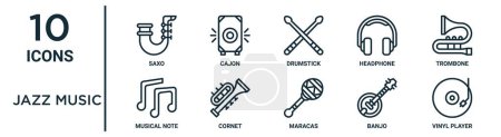 Illustration for Jazz music outline icon set such as thin line saxo, drumstick, trombone, cornet, banjo, vinyl player, musical note icons for report, presentation, diagram, web design - Royalty Free Image