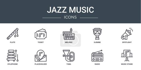 Téléchargez les illustrations : Jeu de 10 icônes web jazz comme flûte, billet, mélodique, djembé, projecteur, xylophone, icônes vectorielles d'espace réservé pour rapport, présentation, diagramme, web design, application mobile - en licence libre de droit