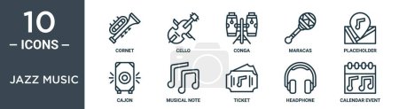 jazz music outline icon set includes thin line cornet, cello, conga, maracas, placeholder, cajon, musical note icons for report, presentation, diagram, web design