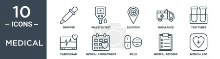Medizinisch umrissenes Symbolset umfasst Dünnstrich-Dropper, Diabetes-Test, Standort, Krankenwagen, Reagenzgläser, Kardiogramm, medizinische Terminsymbole für Bericht, Präsentation, Diagramm, Webdesign