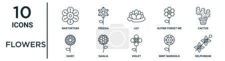 Illustration for Flowers outline icon set such as thin line nasturtium, lily, cactus, dahlia, mint marigold, delphinium, daisy icons for report, presentation, diagram, web design - Royalty Free Image