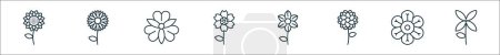Ilustración de Esquema conjunto de flores línea iconos. vector lineal iconos tales como girasol, margarita, alstroemeria, alpino no me olvides, freesia, dalia, capuchina, bouvardia - Imagen libre de derechos