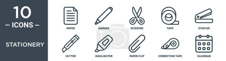 Illustration for Stationery outline icon set includes thin line paper, marker, scissors, tape, stapler, cutter, highlighter icons for report, presentation, diagram, web design - Royalty Free Image