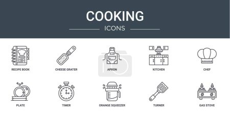 set of 10 outline web cooking icons such as recipe book, cheese grater, apron, kitchen, chef, plate, timer vector icons for report, presentation, diagram, web design, mobile app
