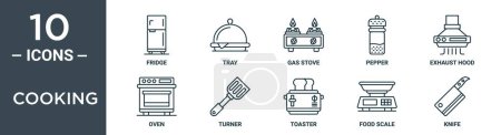 cooking outline icon set includes thin line fridge, tray, gas stove, pepper, exhaust hood, oven, turner icons for report, presentation, diagram, web design