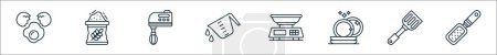 outline set of cooking line icons. linear vector icons such as egg, flour, hand mixer, measuring jug, food scale, plate, turner, cheese grater
