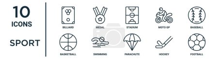 Sport umreißt Symbolset wie dünne Linie Billard, Stadion, Baseball, Schwimmen, Hockey, Fußball, Basketball-Symbole für Bericht, Präsentation, Diagramm, Webdesign