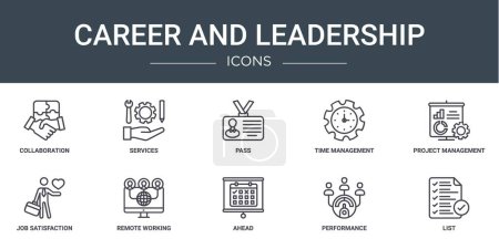 conjunto de 10 contorno carrera web e iconos de liderazgo tales como colaboración, servicios, pase, gestión del tiempo, gestión de proyectos, satisfacción laboral, iconos vectoriales de trabajo remoto para el informe, presentación,