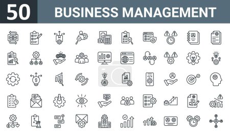 Illustration for Set of 50 outline web business management icons such as money flow, planning, distribution, recruitment, budgeting, evaluation, data security vector thin icons for report, presentation, diagram, web - Royalty Free Image