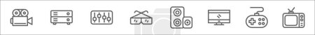 outline set of multimedia line icons. linear vector icons such as video record, database, control device, sunglasses, sound system, television, gamepad, tv