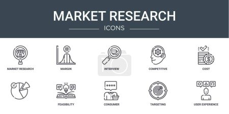 conjunto de 10 iconos de investigación de mercado web esquema como la investigación de mercado, margen, entrevista, competitivo, costo,, iconos de vector de viabilidad para el informe, presentación, diagrama, diseño web, aplicación móvil
