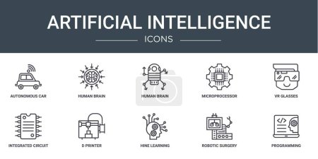Satz von 10 Umrissen Web künstliche Intelligenz Symbole wie autonomes Auto, menschliches Gehirn, menschliches Gehirn, Mikroprozessor, Vr-Brille, integrierte Schaltung, d Drucker Vektor-Symbole für Bericht, Präsentation,