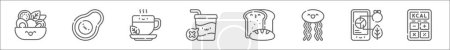 Ilustración de Esquema conjunto de iconos de línea de plan nutricional. iconos de vectores lineales como alimentos saludables, aguacate, té verde, sin refrescos, pan, cardiolipina, aplicaciones, calculadora de calorías - Imagen libre de derechos