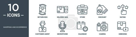 shopping and ecommerce outline icon set includes thin line return box, delivery box, store, discount, rating, customer agent, microphone icons for report, presentation, diagram, web design