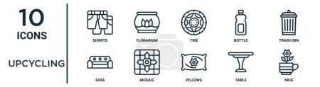 upcycling outline icon set such as thin line shorts, tire, trash bin, mosaic, table, mug, sofa icons for report, presentation, diagram, web design
