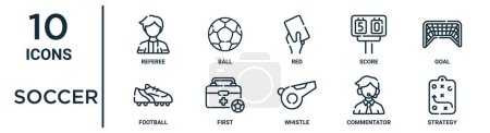 jeu d'icônes de contour de football tels que l'arbitre de ligne mince, rouge, objectif, premier, commentateur, stratégie, icônes de football pour rapport, présentation, diagramme, conception web