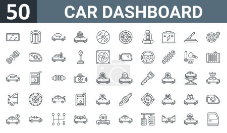 set of 50 outline web car dashboard icons such as windscreen, air filter, recirculated, car service, compact disc, tyre, seat vector thin icons for report, presentation, diagram, web design, mobile
