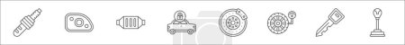 Umriss Reihe von Auto-Armaturenbrett Linie Symbole. Linearvektorsymbole wie Zündung, Licht, Katalysator, verriegeltes Auto, Scheibenbremse, Druck, Autoschlüssel, Schaltknüppel