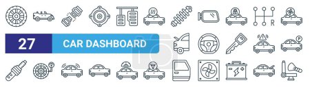 set of 27 outline web car dashboard icons such as tyre, convertible car, seat belt, car mirror, steering wheel, pressure, door, airbag vector thin line icons for web design, mobile app.