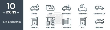 car dashboard outline icon set includes thin line parking, light, temperature, ventilation, convertible car, engine oil, brake pedal icons for report, presentation, diagram, web design