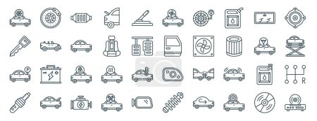 set of 40 outline web car dashboard icons such as disc brake, car key, parking, ignition, oil filter, car speakers, ventilation icons for report, presentation, diagram, web design, mobile app