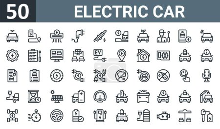 Satz von 50 Umrissen Web-Elektroauto Symbole wie Smart Car, Ladestation, Wechselstrom, elektrische Ladung, Zündkerze, Elektroauto, Vektor dünne Symbole für Bericht, Präsentation, Diagramm, Web-Design, Handy
