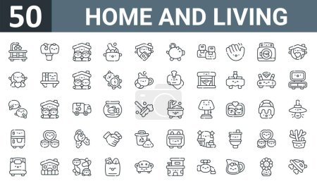 set of 50 outline web home and living icons such as crib, mail box, coexistence, cooking pot, , piggy bank, package vector thin icons for report, presentation, diagram, web design, mobile app.