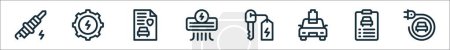 outline set of electric car line icons. linear vector icons such as spark plug, tings, car insurance, ac, car key, low battery, clipboard, electric