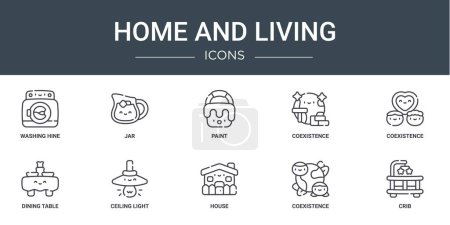 set of 10 outline web home and living icons such as washing hine, jar, paint, coexistence, coexistence, dining table, ceiling light vector icons for report, presentation, diagram, web design, mobile