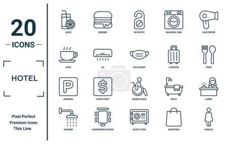 Illustration for Hotel linear icon set. includes thin line juice, cafe, parking, shower, female, face mask, lobby icons for report, presentation, diagram, web design - Royalty Free Image