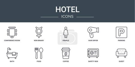 Téléchargez les illustrations : Jeu de 10 icônes de l'hôtel web comme salle de conférence, non binaire, femelle, sèche-cheveux, parking, bain, icônes vectorielles alimentaires pour rapport, présentation, diagramme, conception web, application mobile - en licence libre de droit