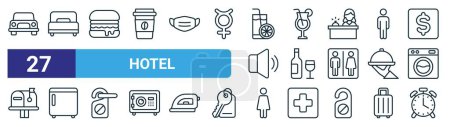 set of 27 outline web hotel icons such as car, single bed, burger, bar, wine, fridge, female, alarm vector thin line icons for web design, mobile app.