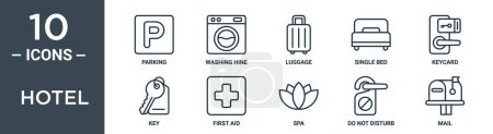 ensemble d'icônes de contour de l'hôtel comprend parking en ligne mince, lave-linge, bagages, lit simple, carte-clé, clé, icônes de premiers soins pour rapport, présentation, diagramme, conception web