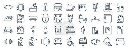 set of 40 outline web hotel icons such as conference room, iron, car, fitness, fridge, wine, cafe icons for report, presentation, diagram, web design, mobile app
