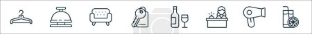 Téléchargez les illustrations : Ensemble de contours d'icônes de ligne d'hôtel. icônes vectorielles linéaires telles que cintre, cloche, invité, clé, vin, hall, sèche-cheveux, jus - en licence libre de droit