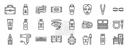 Satz von 24 umrissenen Web-kosmetische Produkt-Symbole wie Koffer, ätherisches Öl, Seife, Feuchttücher, Roll-on, Gesichtsmaske, Pinzette Vektor-Symbole für Bericht, Präsentation, Diagramm, Webdesign, mobile App