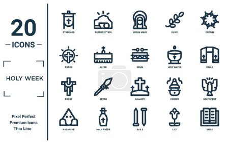 holy week linear icon set. includes thin line standard, cross, cross, nazarene, bible, drum, holy spirit icons for report, presentation, diagram, web design