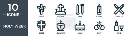 holy week outline icon set includes thin line cross, calvary, nails, candle, candles, cross, holy water icons for report, presentation, diagram, web design
