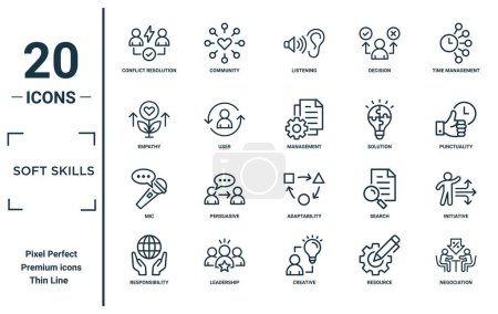 soft skills set d'icônes linéaires. comprend la résolution des conflits, empathie, micro, responsabilité, négociation, gestion, icônes de l'initiative pour le rapport, présentation, diagramme, conception web